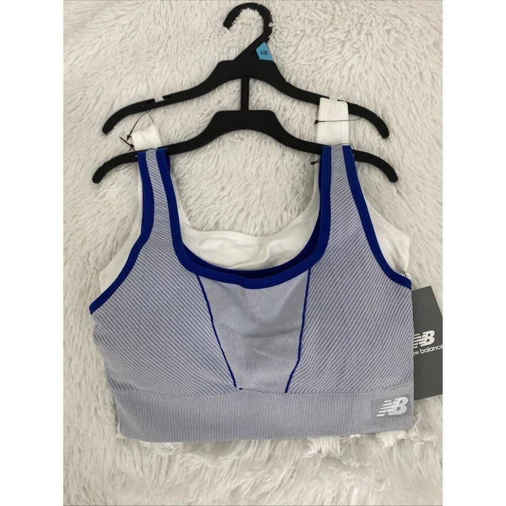 New Balance Sport Bra Size L 2 Pack Ble White Padded Pullover Stretch
